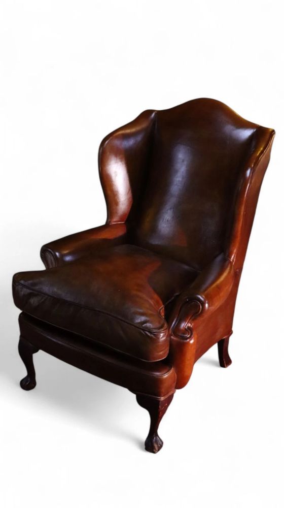 Superb Antique Leather Wingback Club Library Fireside Armchair Whisky Tan Del - Image 3