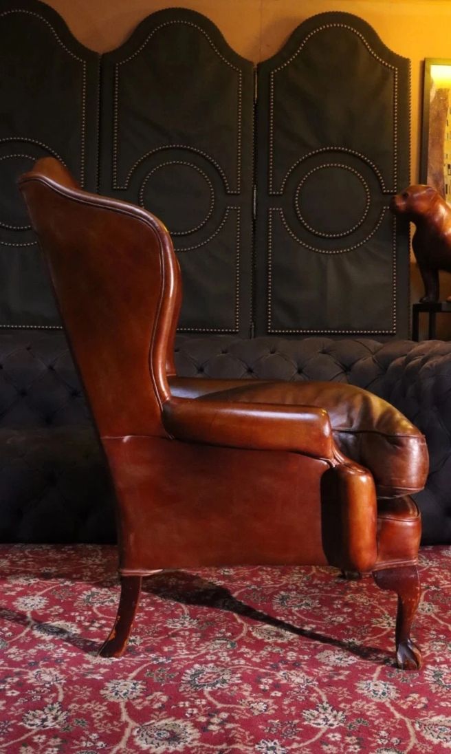 Superb Antique Leather Wingback Club Library Fireside Armchair Whisky Tan Del - Image 12