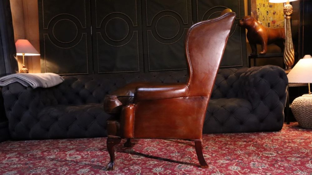 Superb Antique Leather Wingback Club Library Fireside Armchair Whisky Tan Del - Image 9