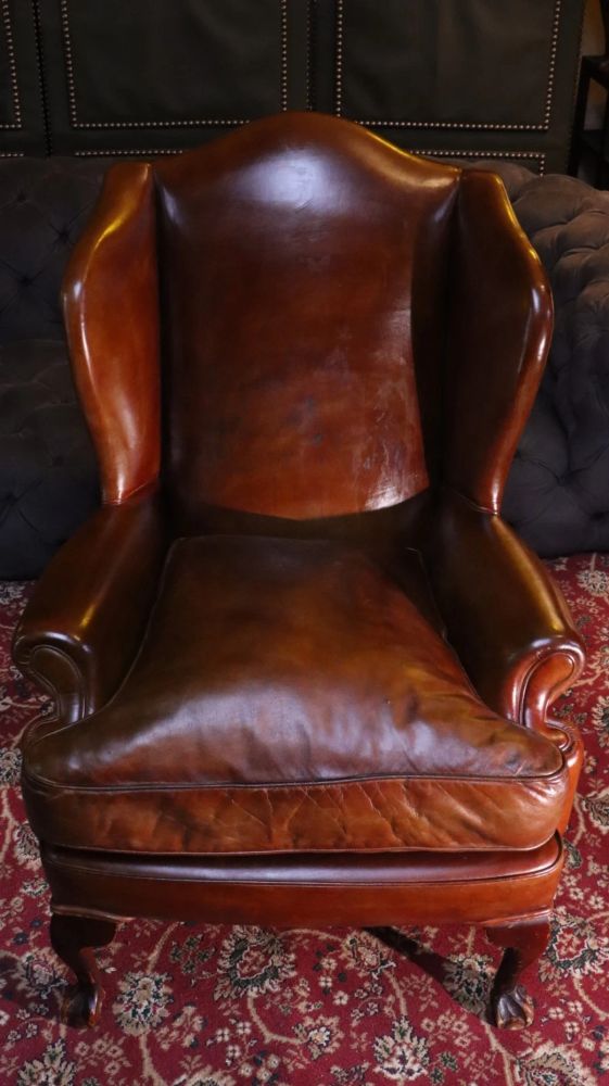 Superb Antique Leather Wingback Club Library Fireside Armchair Whisky Tan Del - Image 7