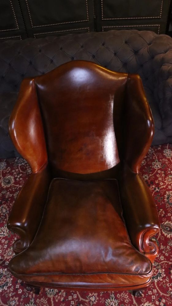 Superb Antique Leather Wingback Club Library Fireside Armchair Whisky Tan Del - Image 6