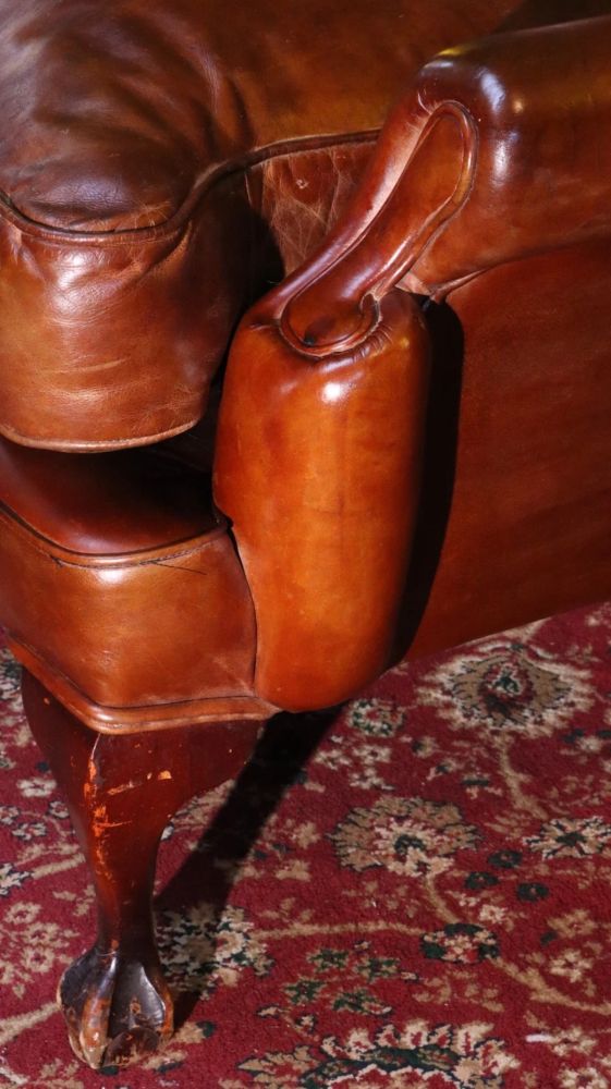 Superb Antique Leather Wingback Club Library Fireside Armchair Whisky Tan Del - Image 4