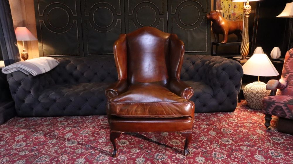 Superb Antique Leather Wingback Club Library Fireside Armchair Whisky Tan Del - Image 21