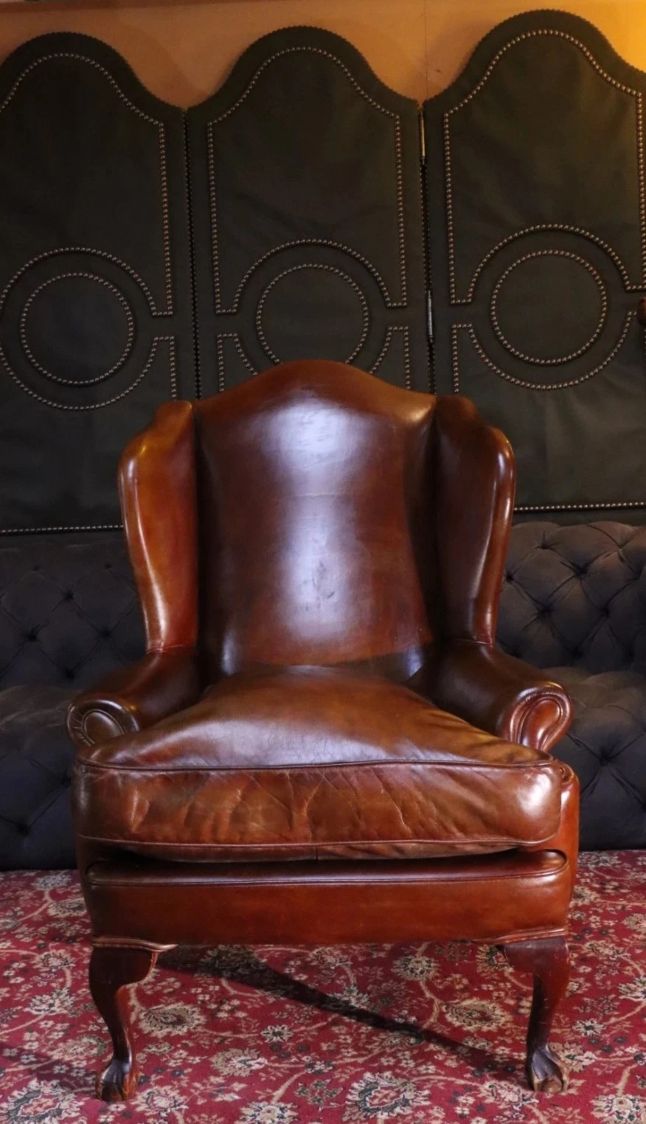 Superb Antique Leather Wingback Club Library Fireside Armchair Whisky Tan Del - Image 20