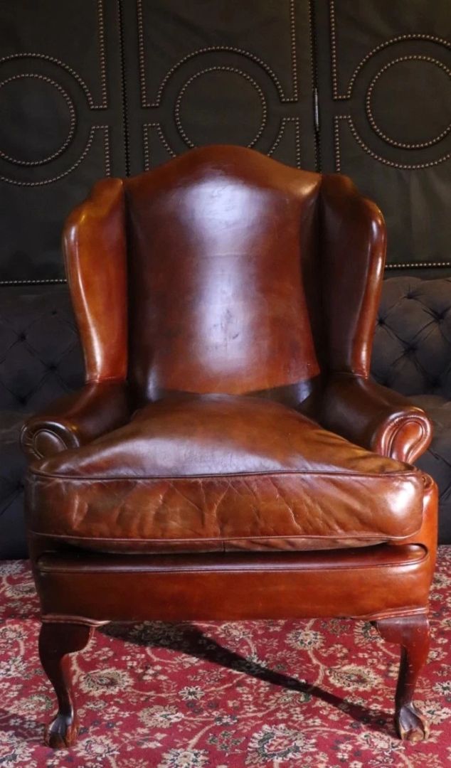 Superb Antique Leather Wingback Club Library Fireside Armchair Whisky Tan Del - Image 18