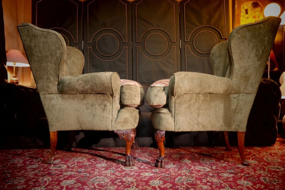 SUPERB PAIR VICTORIAN STYLE BALL & CLAW FEET WINGBACK ARMCHAIRS NOBALIS BARGELLO - Image 8