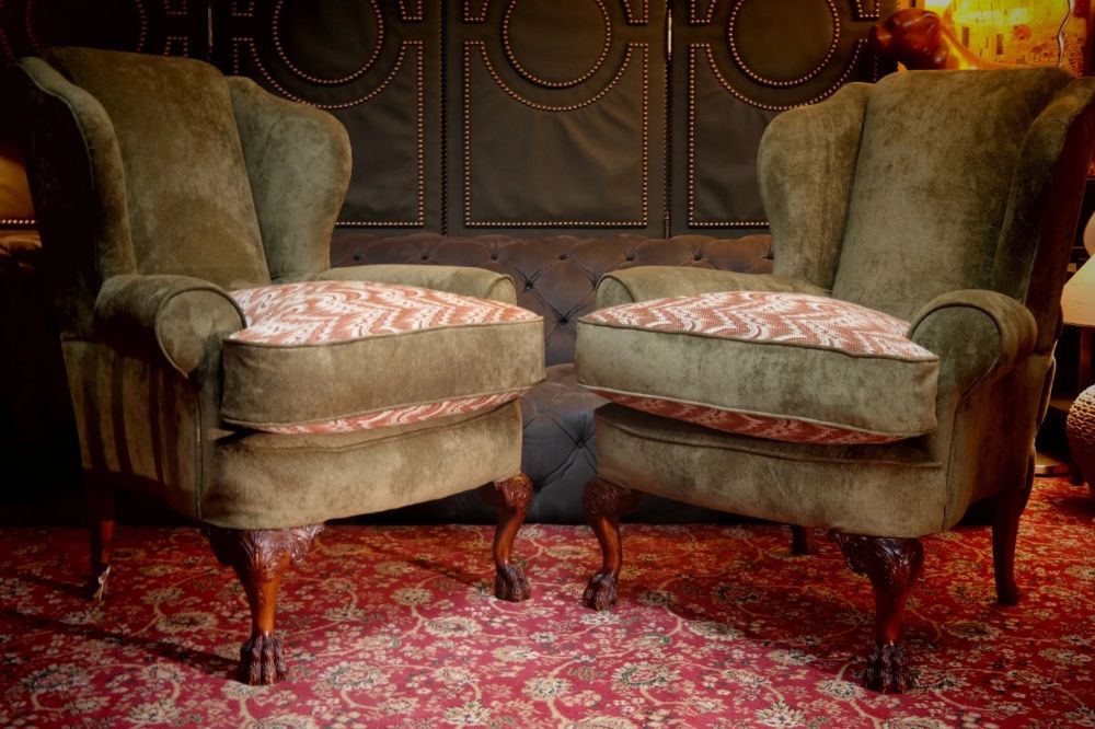 SUPERB PAIR VICTORIAN STYLE BALL & CLAW FEET WINGBACK ARMCHAIRS NOBALIS BARGELLO - Image 12