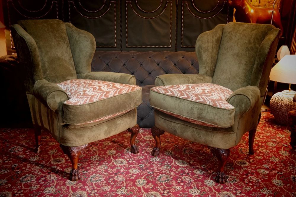 SUPERB PAIR VICTORIAN STYLE BALL & CLAW FEET WINGBACK ARMCHAIRS NOBALIS BARGELLO - Image 11