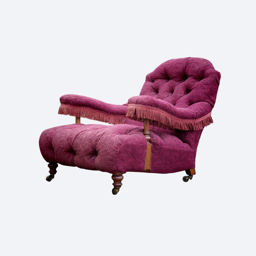 A Howard & Sons buttoned open armchair in Heavy Burgundy Fabric - Image 2