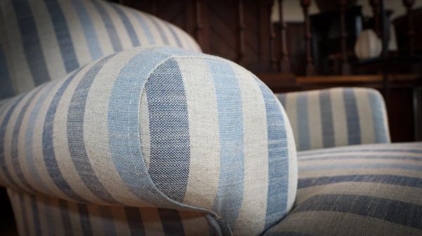 Howard and Sons Club Style Armchair Colefax And Fowler Linen Stripes Blue White - Image 11