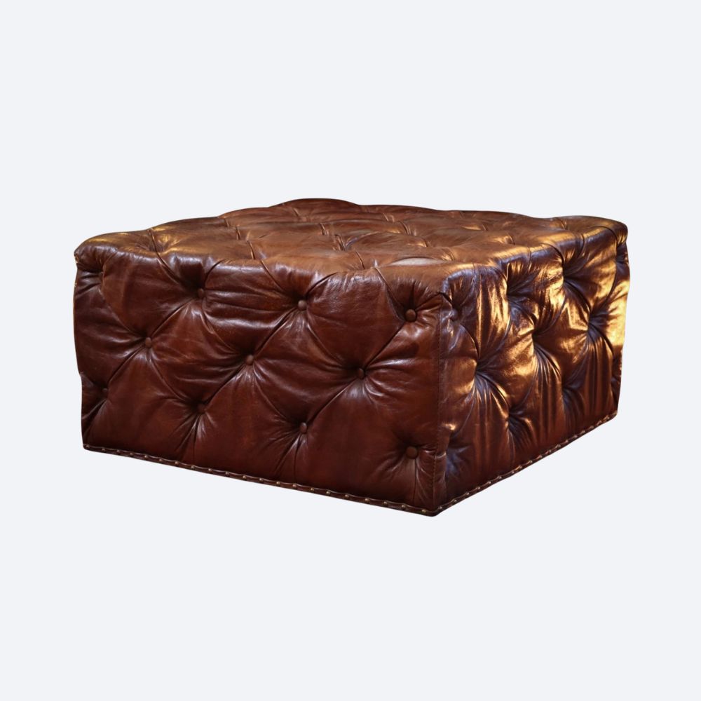 Timothy Oulton Lord Digsby Sqaure Leather Footstool Ottoman Antique Whisky Tan - Image 2
