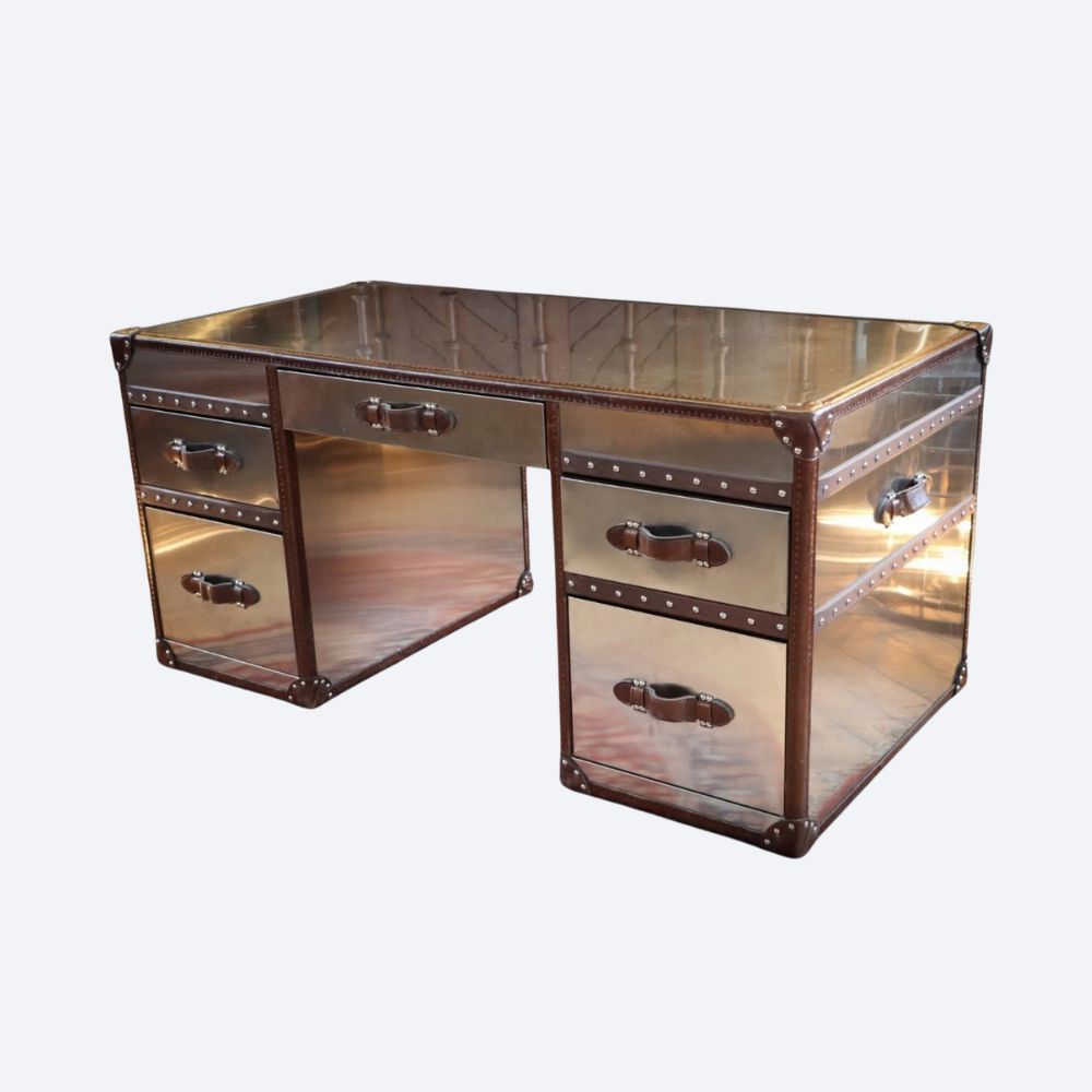 Timothy Oulton Stoneyhurst Mayfair Leather Desk Brushed Steel Vintage Cigar - Image 3
