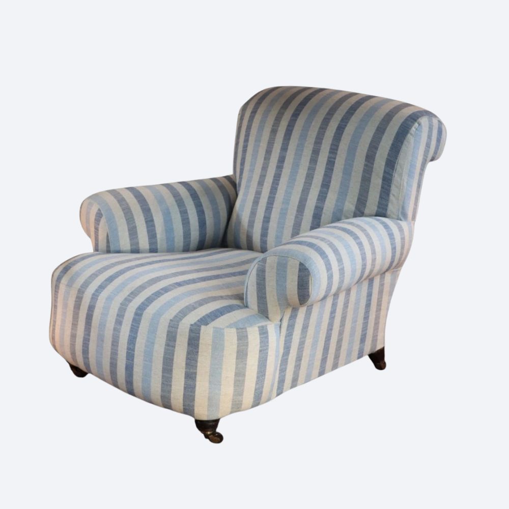 Howard and Sons Club Style Armchair Colefax And Fowler Linen Stripes Blue White - Image 4
