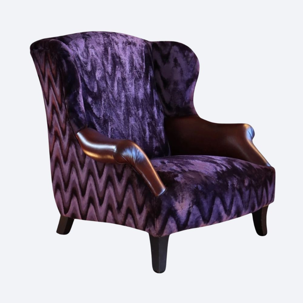 Stunning John Sankey Moliere Library Club Fireside Wing Arm Chair Purple Tan - Image 3
