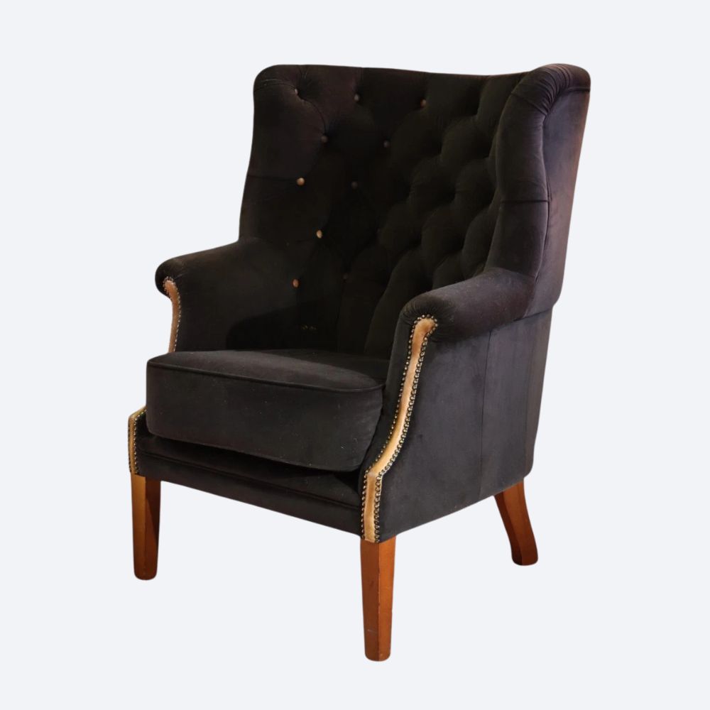 Tetrad Mackenzie Wingback Club armchair Oscar Charcoal Velvet Saddle Tan Leather - Image 3