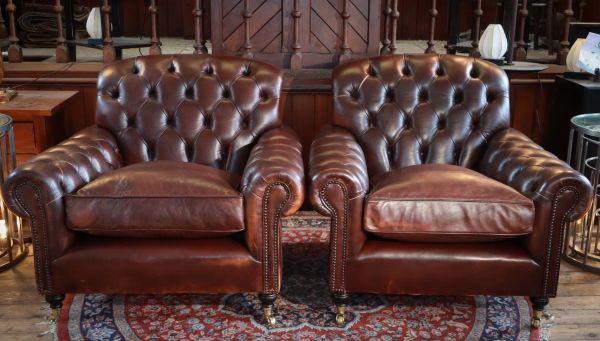 Stunning Pair George Smith Bulgari Club Library Leather Armchairs Dark Tan - Image 3