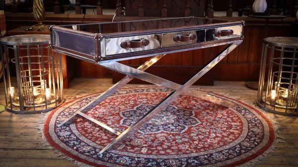 Superb Timothy Oulton Andrew Martin Da Gama Console Desk Drawers Leather Chrome - Image 5