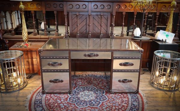Timothy Oulton Stoneyhurst Mayfair Leather Desk Brushed Steel Vintage Cigar - Image 4