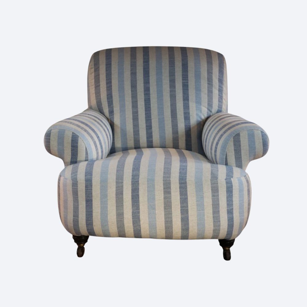 Howard and Sons Club Style Armchair Colefax And Fowler Linen Stripes Blue White - Image 3