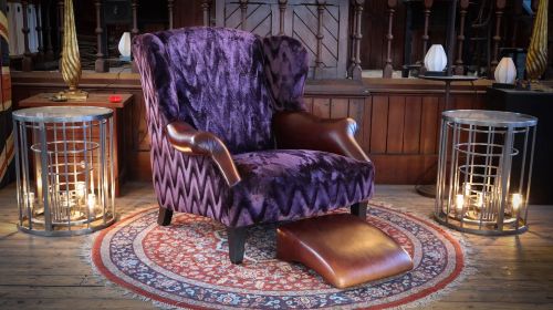 Stunning John Sankey Moliere Library Club Fireside Wing Arm Chair Purple Tan - Image 4