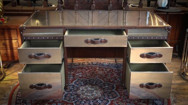 Timothy Oulton Stoneyhurst Mayfair Leather Desk Brushed Steel Vintage Cigar - Image 5