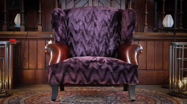 Stunning John Sankey Moliere Library Club Fireside Wing Arm Chair Purple Tan - Image 5