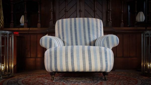 Howard and Sons Club Style Armchair Colefax And Fowler Linen Stripes Blue White - Image 6