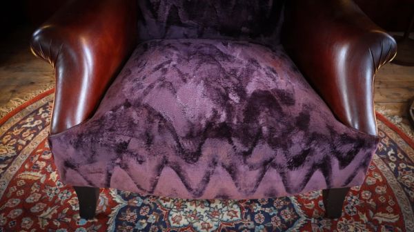Stunning John Sankey Moliere Library Club Fireside Wing Arm Chair Purple Tan - Image 6