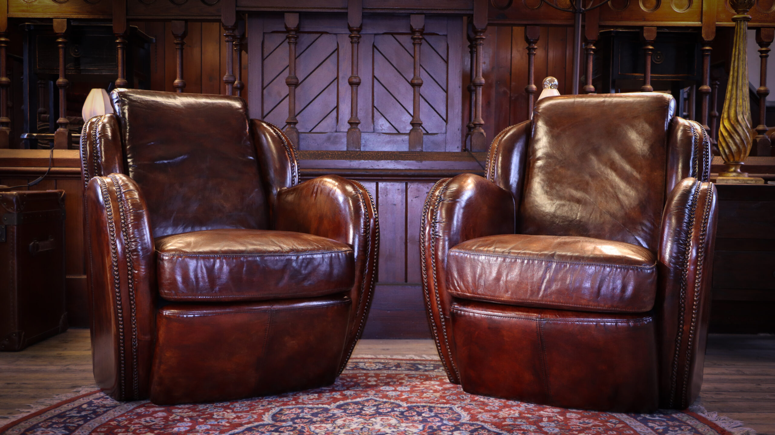 Pair Timothy Oulton Saddle Armchairs Cigar Club Dark Tan Leather - Image 2