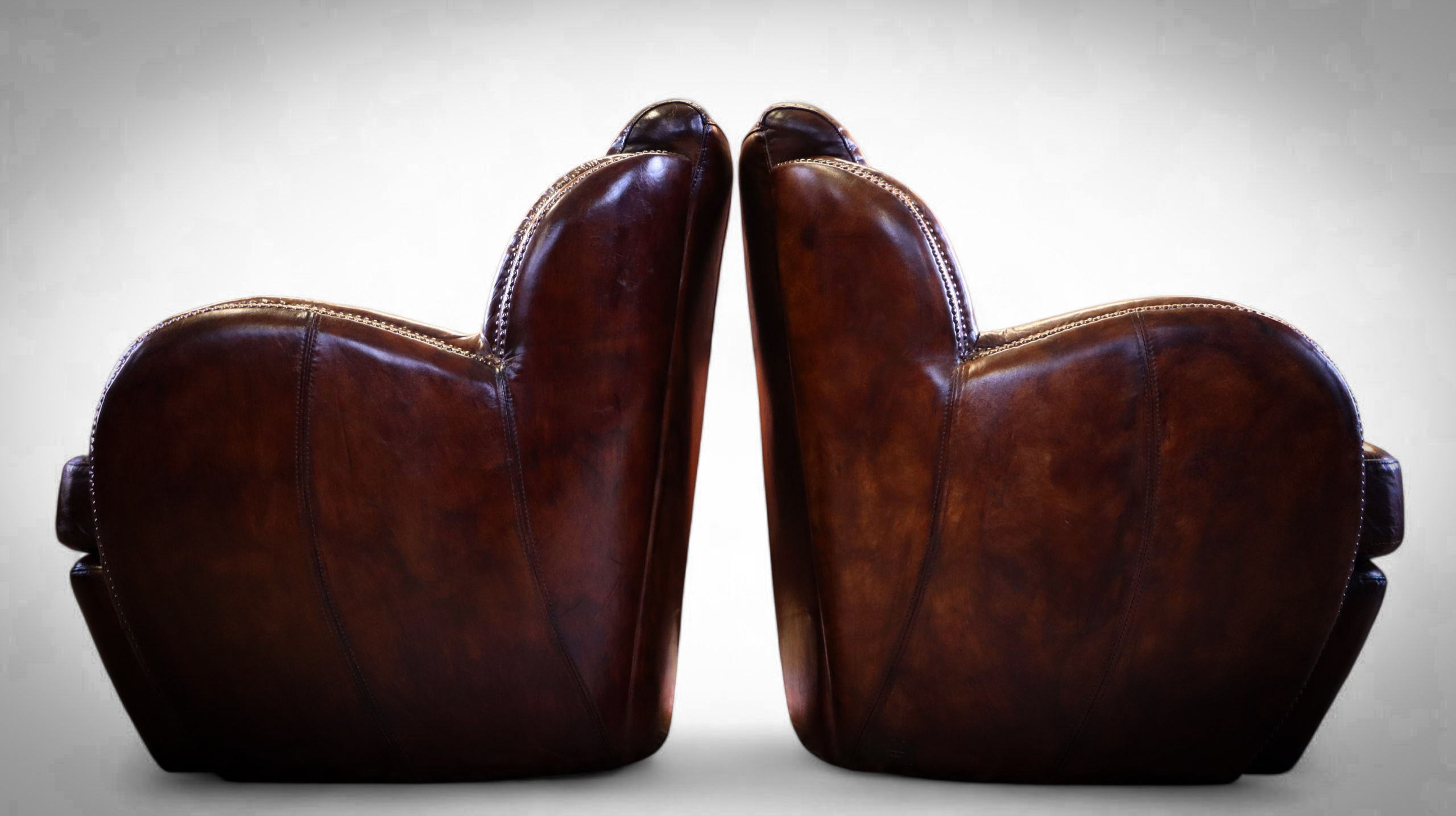 Pair Timothy Oulton Saddle Armchairs Cigar Club Dark Tan Leather